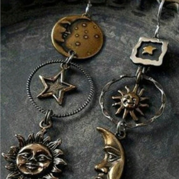 Bronze Moon Sun Asymmetrical Earrings - Picture 5 of 14